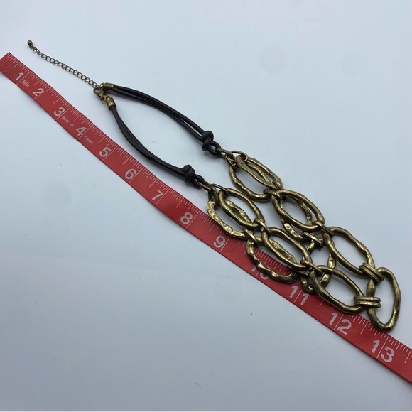 Brown Leather Cord Necklace Hammered Antiqued Gold Tone Chain Link Double Strand - Picture 5 of 5